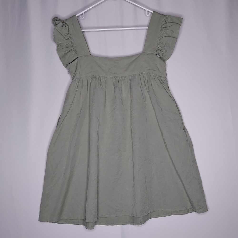 Opt Aria Dress XS Green Ruffle Cap Sleeve Square Neck Aline Mini Pocket Anthro